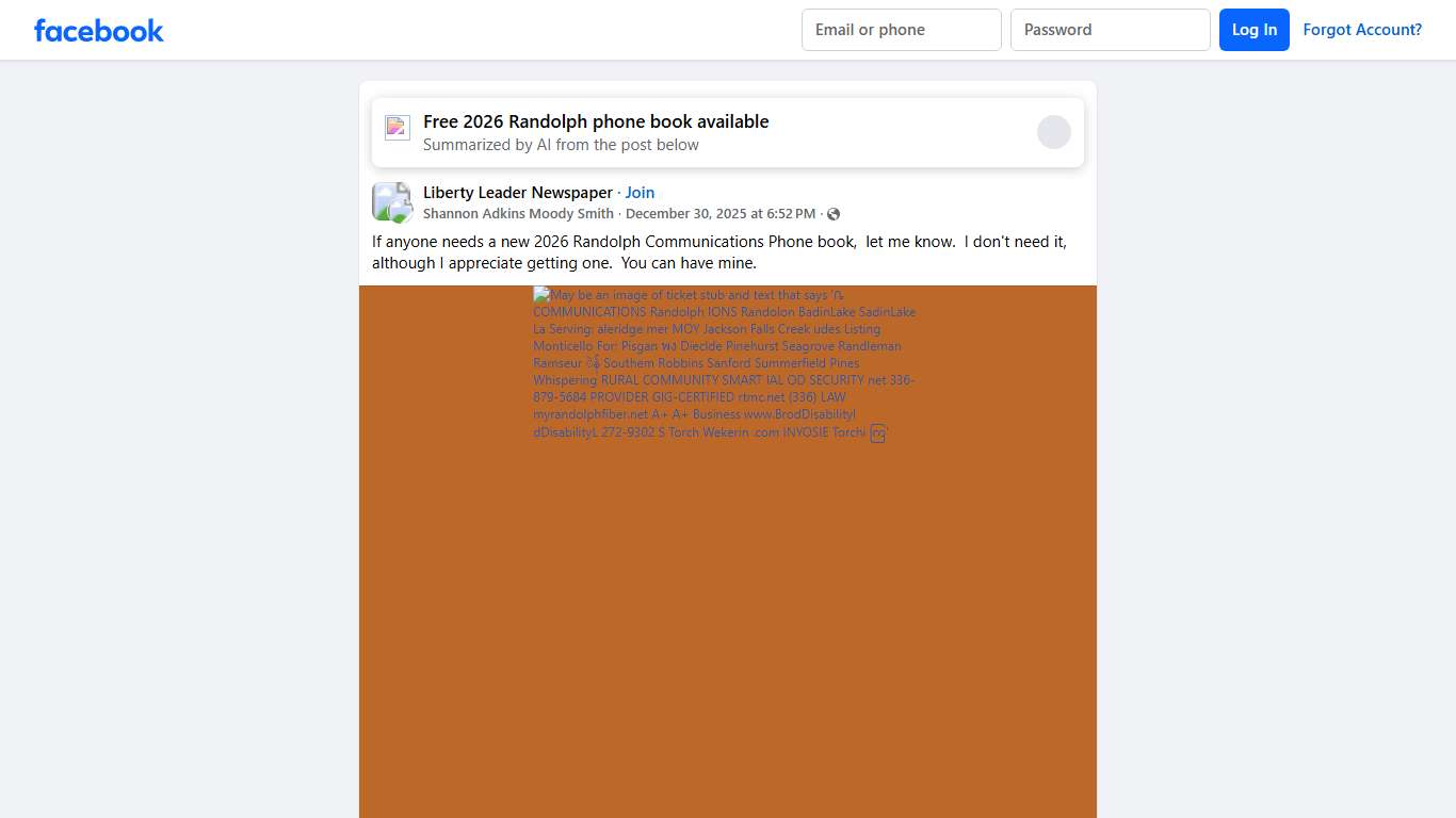 Liberty Leader Newspaper If anyone needs a new 2026 Randolph Communications Phone book, let me know Facebook